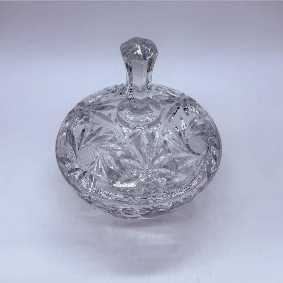 Early American Patterned Glass Candy Dish Bowl With Lid Hexagonal Finial - Picture 4 of 5